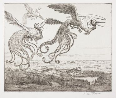  Hans Thoma  (Bernau, 1839 - Karlsruhe, 1924) : Wundervogel.  - Asta Stampe, Disegni e Dipinti dal XVI al XX secolo - Libreria Antiquaria Gonnelli - Casa d'Aste - Gonnelli Casa d'Aste