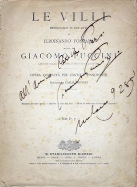  Puccini Giacomo : Dedica autografa su edizione per canto e pianoforte dell'opera Le Villi.  - Asta Libri & Grafica - Libreria Antiquaria Gonnelli - Casa d'Aste - Gonnelli Casa d'Aste
