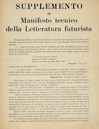  Marinetti Filippo Tommaso : Supplemento al Manifesto tecnico della Letteratura futurista.  - Asta Libri a stampa dal XVI al XX secolo [ASTA A TEMPO - PARTE II] - Libreria Antiquaria Gonnelli - Casa d'Aste - Gonnelli Casa d'Aste