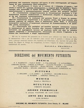  Pratella Francesco Balilla [e altri] : Manifesto dei Musicisti Futuristi.  - Asta Libri a stampa dal XVI al XX secolo [ASTA A TEMPO - PARTE II] - Libreria Antiquaria Gonnelli - Casa d'Aste - Gonnelli Casa d'Aste