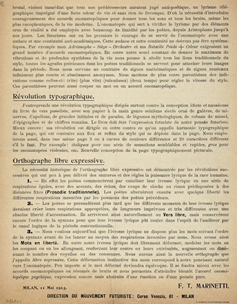  Marinetti Filippo Tommaso : L?Imagination sans fils et les mots en libert. Manifeste Futuriste.  - Asta Libri a stampa dal XVI al XX secolo [ASTA A TEMPO - PARTE II] - Libreria Antiquaria Gonnelli - Casa d'Aste - Gonnelli Casa d'Aste