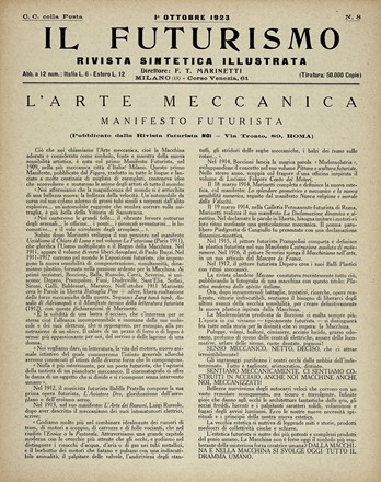  Prampolini Enrico [e altri] : Il Futurismo. Rivista sintetica illustrata, n. 8. L?arte meccanica. Manifesto futurista. [Segue:] L?architettura futurista. Manifesto dell?11 luglio 1914.  Antonio Sant'Elia  (Como, 1888 - Monte Zebio (Carso), 1916), Filippo Tommaso Marinetti  (1876 - 1994)  - Asta Libri a stampa dal XVI al XX secolo [ASTA A TEMPO - PARTE II] - Libreria Antiquaria Gonnelli - Casa d'Aste - Gonnelli Casa d'Aste