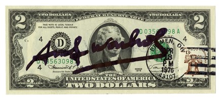  Andy Warhol  (Pittsburgh, 1928 - New York, 1987) : 2 dollars signed by Andy Warhol.  - Asta Arte Moderna e Contemporanea [Parte II] - Libreria Antiquaria Gonnelli - Casa d'Aste - Gonnelli Casa d'Aste