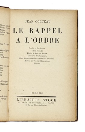  Cocteau Jean : Dedica autografa su libro Le rappel a l'ordre. Letteratura straniera,  [..]