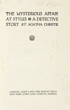  Christie Agatha : The Mysterious Affair at Styles. A detective story.  - Asta Libri, autografi e manoscritti - Libreria Antiquaria Gonnelli - Casa d'Aste - Gonnelli Casa d'Aste