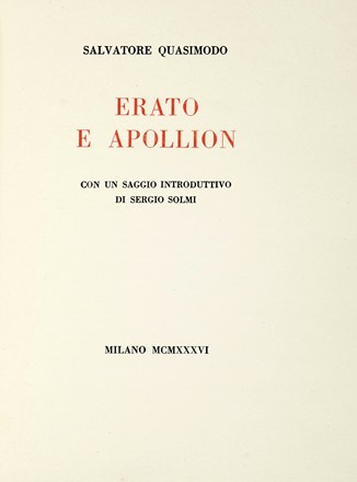  Quasimodo Salvatore : Erato e Apollion [...] con un saggio introduttivo di Sergio Solmi.  Sergio Solmi  - Asta Libri, autografi e manoscritti - Libreria Antiquaria Gonnelli - Casa d'Aste - Gonnelli Casa d'Aste