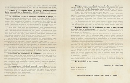  Saint-Point Valentine de Valentine : Manifesto futurista della lussuria.  Filippo Tommaso Marinetti  (1876 - 1994)  - Asta Libri, autografi e manoscritti - Libreria Antiquaria Gonnelli - Casa d'Aste - Gonnelli Casa d'Aste