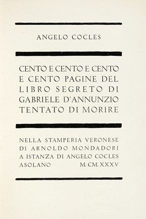  D'Annunzio Gabriele : Dedica autografa su libro Angelo Cocles. Cento e cento e  [..]