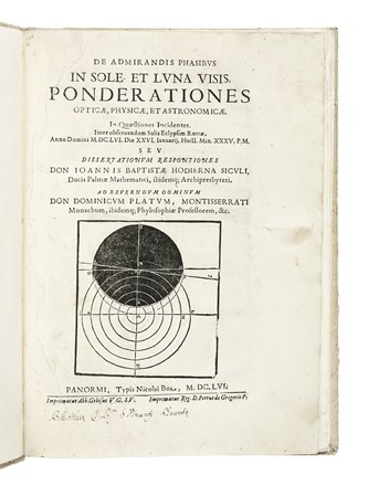  Odierna Giovanni Battista : De admirandis phasibus in sole, et luna visis, ponderationes opticae, physicae, et astronomicae.  - Asta Libri, autografi e manoscritti - Libreria Antiquaria Gonnelli - Casa d'Aste - Gonnelli Casa d'Aste