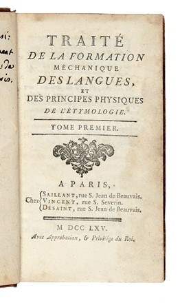  Brosses Charles (de) : Trait de la formation mchanique des langues, et des principes physiques de l'tymologie. Tome premier (-second).  - Asta Libri, autografi e manoscritti - Libreria Antiquaria Gonnelli - Casa d'Aste - Gonnelli Casa d'Aste