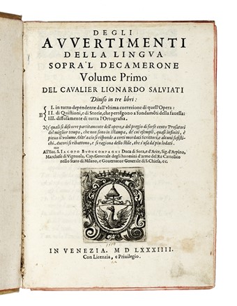  Salviati Leonardo : Degli avvertimenti della lingua sopra'l Decamerone [...]. Diviso in tre libri...  Vincenzo Borghini  - Asta Libri, autografi e manoscritti - Libreria Antiquaria Gonnelli - Casa d'Aste - Gonnelli Casa d'Aste