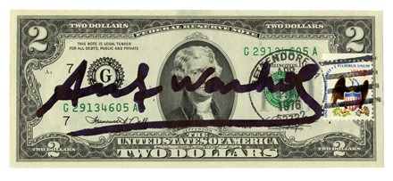  Andy Warhol  (Pittsburgh, 1928 - New York, 1987) : 2 dollars signed by Andy Warhol.  - Auction Ancient, Oriental, Modern and Contemporary Art  [II part] - Libreria Antiquaria Gonnelli - Casa d'Aste - Gonnelli Casa d'Aste