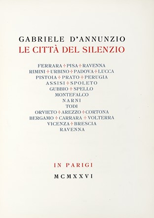  D'Annunzio Gabriele : Le citt del silenzio.  - Auction Books, autographs and manuscripts  [..]