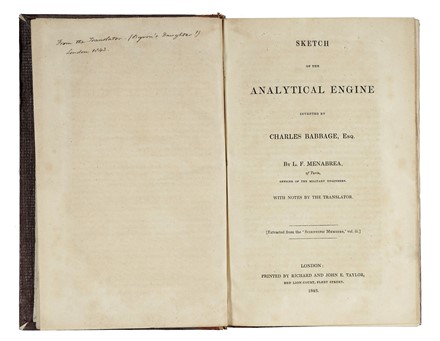  Menabrea Luigi Federico : Sketch of the analytical engine invented by Charles Babbage Esq.  Charles Babbage, Ada Lovelace  - Asta Libri, autografi e manoscritti - Libreria Antiquaria Gonnelli - Casa d'Aste - Gonnelli Casa d'Aste