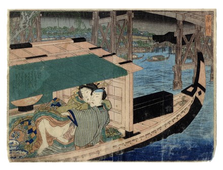  Utagawa Kunisada I (Toyokuni III)  (Edo, 1786 - 1865), Utagawa (Ichiy?sai) Kuniyoshi  (Edo, 1798 - 1861) : Due amanti in un'imbarcazione lungoil fiume Sumida.  - Asta Arte Antica, Orientale, Moderna e Contemporanea [parte I] - Libreria Antiquaria Gonnelli - Casa d'Aste - Gonnelli Casa d'Aste