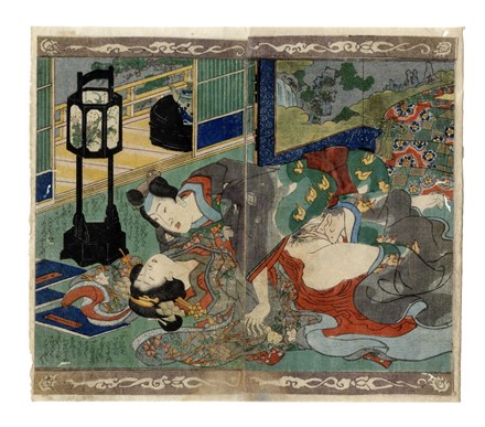  Koikawa Shozan  (1821 - 1907) [attribuito a] : Due amanti in una veranda.  - Asta Arte Antica, Orientale, Moderna e Contemporanea [parte I] - Libreria Antiquaria Gonnelli - Casa d'Aste - Gonnelli Casa d'Aste