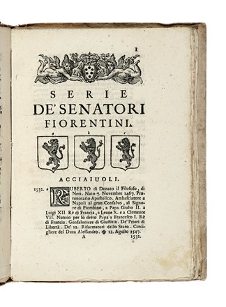  Manni Giuseppe : Serie de' Senatori Fiorentini...  Luigi Passerini  - Asta Libri, autografi e manoscritti - Libreria Antiquaria Gonnelli - Casa d'Aste - Gonnelli Casa d'Aste