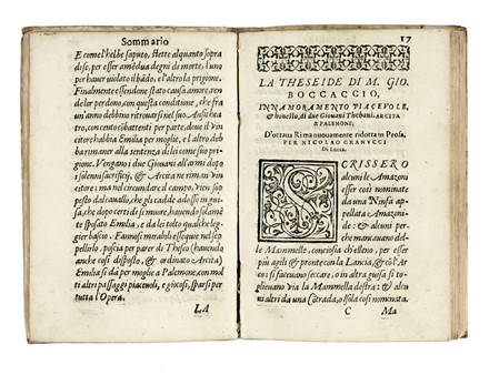  Boccaccio Giovanni : La Theseide [...] Innamoramento piaceuole, & honesto di due giouani thebani.  - Asta Libri, autografi e manoscritti - Libreria Antiquaria Gonnelli - Casa d'Aste - Gonnelli Casa d'Aste