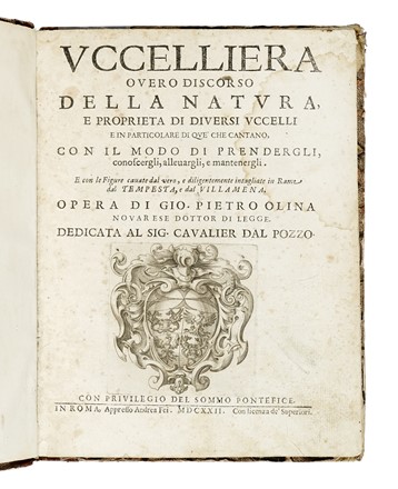  Olina Pietro Giovanni : Uccelliera overo discorso della natura e proprieta di diversi uccelli e in particolare di que' che cantano, con il modo di prendergli, conoscergli, allevargli e mantenergli...  Antonio Tempesta  (Firenze, 1555 - Roma, 1630), Francesco Villamena  (Assisi,  - Roma, 1626)  - Asta Libri, autografi e manoscritti - Libreria Antiquaria Gonnelli - Casa d'Aste - Gonnelli Casa d'Aste