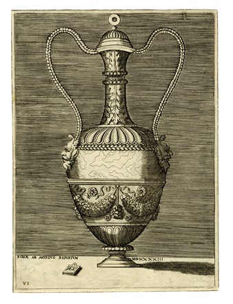  Enea Vico  (Parma,, 1523 - Ferrara,, 1567) : Vaso antico con due anse terminanti in mascheroni e corpo ornato da fregio in pietra marmorizzata.  - Asta Arte Antica, Orientale, Moderna e Contemporanea [parte I] - Libreria Antiquaria Gonnelli - Casa d'Aste - Gonnelli Casa d'Aste