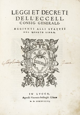 Leggi et decreti dell'eccell. Consig. generale, aggiunti alli statuti del quarto libro.  - Asta Libri, Autografi e Manoscritti - Libreria Antiquaria Gonnelli - Casa d'Aste - Gonnelli Casa d'Aste