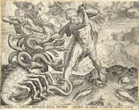 Indefessa gerens redivivis bella colubris Argolis ad Lernae tunditur Hydra Vadum. Ercole e l'Hydra di Lerna.