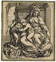 La vergine col Bambino sulle ginocchia e San Giovannino che tiene un cestino di frutta.