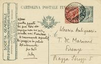 Cartolina postale viaggiata, autografa firmata, inviata al libraio Tammaro De Marinis.