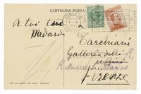 Cartolina postale viaggiata, autografa firmata, inviata al critico d?arte Nello Tarchiani (Galleria delli Uffizi, poi corretto).