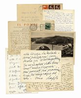 2 lettere dattiloscritte con firme autografe inviate al libraio Cesarino Branduani, insieme a molte cartoline autografe di scrittori e pittori.