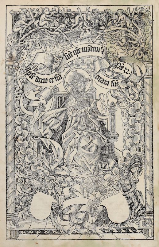 Michael Wolgemut (Norimberga, 1434 - 1519) : Dio Padre (r). Cornice con ...