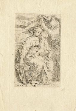  Simone Cantarini  (Pesaro, 1612 - Verona, 1648) : Sacra Famiglia della tenda.  - Auction Books, Prints and Drawings - Libreria Antiquaria Gonnelli - Casa d'Aste - Gonnelli Casa d'Aste