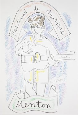  Jean Cocteau  (1889 - 1963) : Festival de musique - Menton.  - Auction Prints, Drawings and Paintings from 16th until 20th centuries - Libreria Antiquaria Gonnelli - Casa d'Aste - Gonnelli Casa d'Aste