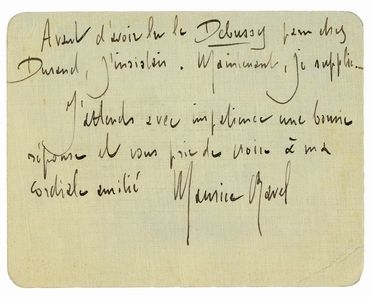  Ravel Maurice : Lettera autografa firmata (scritta su un cartoncino) inviata ad un amico. Musica, Musica, Teatro, Spettacolo  - Auction Books & Graphics - Libreria Antiquaria Gonnelli - Casa d'Aste - Gonnelli Casa d'Aste