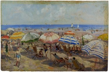  Fabio Fabbi  (Bologna, 1861 - Casalecchio di Reno, 1945) : Spiaggia con ombrelloni.  - Asta Libri & Grafica - Libreria Antiquaria Gonnelli - Casa d'Aste - Gonnelli Casa d'Aste