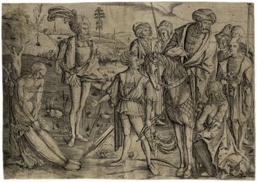 Monogrammista MZ  (Monaco,  - 1525) : I figli del re lanciano frecce contro il corpo del padre.  - Asta Libri & Grafica - Libreria Antiquaria Gonnelli - Casa d'Aste - Gonnelli Casa d'Aste