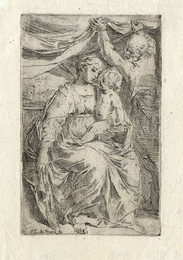 Simone Cantarini  (Pesaro, 1612 - Verona, 1648) : Sacra Famiglia con la tenda.  - Auction Books & Graphics - Libreria Antiquaria Gonnelli - Casa d'Aste - Gonnelli Casa d'Aste