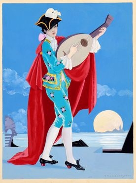  Umberto Brunelleschi  (Montemurlo, 1879 - Parigi, 1949) : Figura femminile in costume veneziano che suona il mandolino.  - Auction Books & Graphics - Libreria Antiquaria Gonnelli - Casa d'Aste - Gonnelli Casa d'Aste