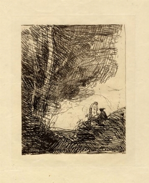  Jean-Baptiste-Camille Corot  (Parigi, 1796 - Ville d'Avray, 1875) : Le pote et la muse.  - Auction Modern and Contemporary Art [II Part ] - Libreria Antiquaria Gonnelli - Casa d'Aste - Gonnelli Casa d'Aste