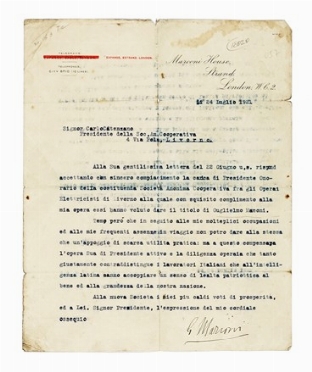  Marconi Guglielmo : Lettera dattiloscritta con firma autografa. Scienze tecniche  [..]