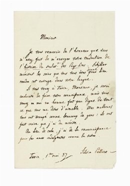  Pellico Silvio : Lettera autografa firmata, inviata a [Ren-Charles-Hippolyte Le Prestre] marquis de Chateaugiron, pair de France.  - Asta Libri, autografi e manoscritti - Libreria Antiquaria Gonnelli - Casa d'Aste - Gonnelli Casa d'Aste