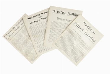  Boccioni Umberto [e altri] : Manifesto dei Pittori futuristi.  Carlo Carr  (Quargnento, 1881 - Milano, 1966), Luigi Russolo  (1885 - 1947), Aroldo Bonzagni  (Cento, 1887 - Milano, 1918), Romolo Romani  - Asta Libri, autografi e manoscritti - Libreria Antiquaria Gonnelli - Casa d'Aste - Gonnelli Casa d'Aste