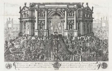  Domenico Lovisa  (1690 - 1750) : Tempio eretto alla B.V. Maria della Salute, pervoto fatto dall'Ecc.mo Senato l'anno MDCXXXI dissegnato da Marco Boschini... (parte inferiore).  - Asta Arte Antica, Orientale, Moderna e Contemporanea [parte I] - Libreria Antiquaria Gonnelli - Casa d'Aste - Gonnelli Casa d'Aste