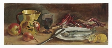  Renzo Tubaro  (Codroipo, 1925 - Udine, 2002) : Natura morta con radicchio e pesce.  [..]