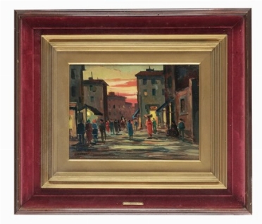  Renato Natali  (Livorno, 1883 - 1979) [attribuito a] : Scorcio cittadino con tramonto.  [..]