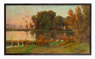  Licinio Barzanti  (Forl, 1857 - 1944) : Paesaggio con lago e cigni.  - Asta Arte  [..]