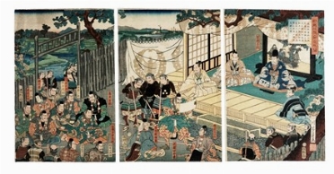  Utagawa Yoshikazu  (Attivo 1848-1870, ) : Scena di adunanza.  - Asta Arte Antica,  [..]