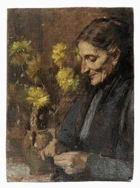  Edgardo Saporetti  (Bagnacavallo, 1865 - 1909) : Signora che cuce.  - Asta Arte  [..]