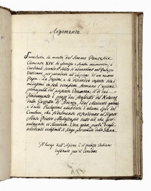  Sertor Gaetano : Il Conclave / del MDCCLXXV / o sia / Il Papato combattuto / dramma per musica [...] / da rappresentarsi in Roma / nel Teatro delle Dame / nel Carnovale del MDCCLXXVI con annotazioni in fine di un anonimo [...].  - Asta Libri, Autografi e Manoscritti - Libreria Antiquaria Gonnelli - Casa d'Aste - Gonnelli Casa d'Aste