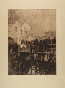  Giovanni Greppi  (Milano, 1884 - 1960) : Veduta di un canale con ponte e figure.  - Auction Prints, Drawings, Maps and Views - Libreria Antiquaria Gonnelli - Casa d'Aste - Gonnelli Casa d'Aste